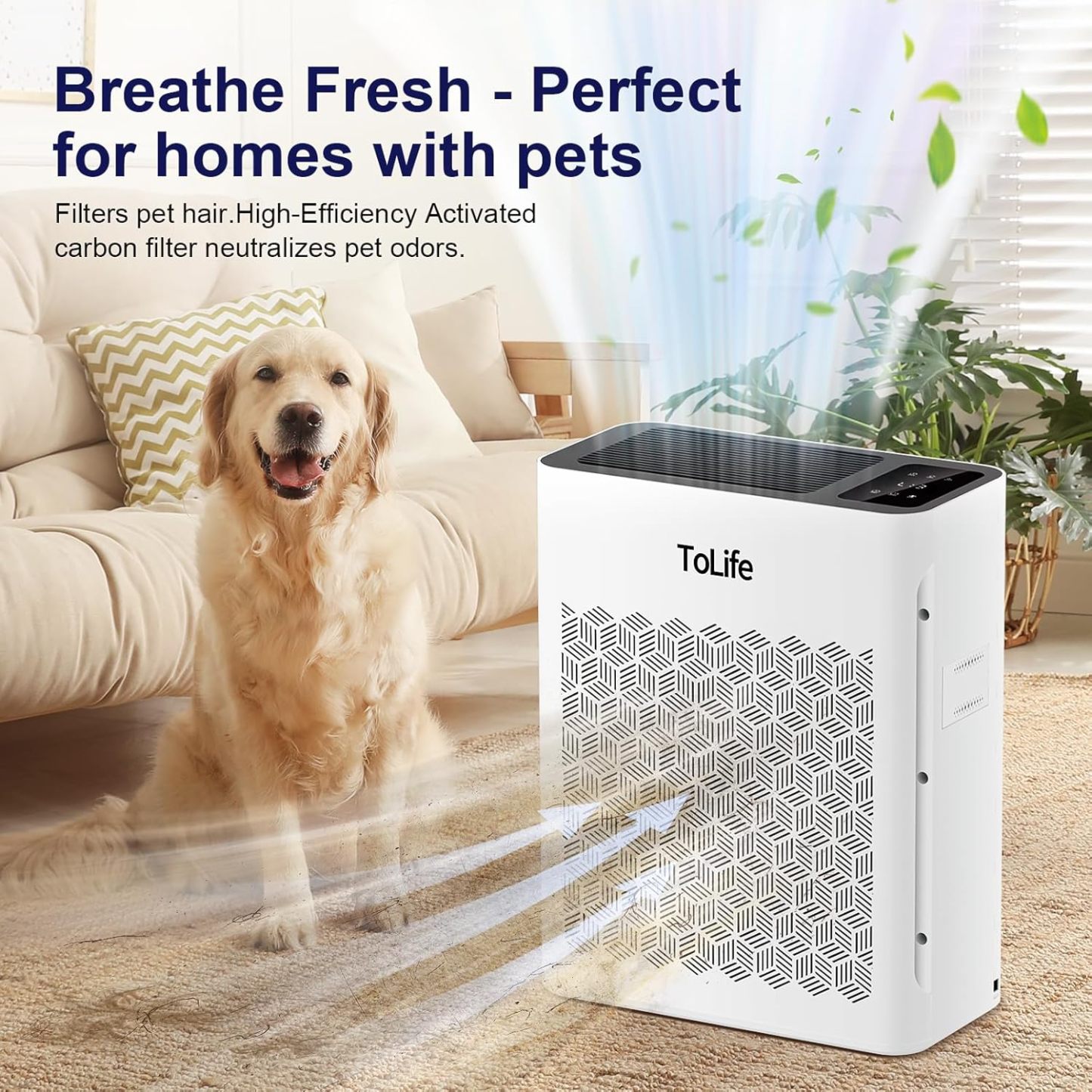 Tolife Purificador de aire para habitación grande, purificadores de aire para el hogar y pelo de mascotas con filtro lavable, limpiador de aire para recámara de hasta 1095 pies² polvo humo olor, modo