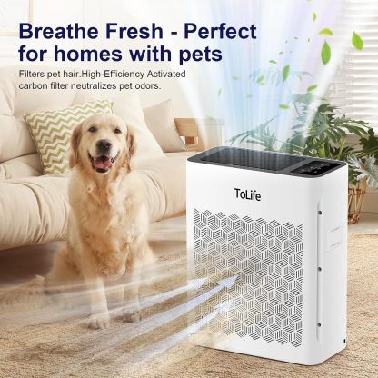 Tolife Purificador de aire para habitación grande, purificadores de aire para el hogar y pelo de mascotas con filtro lavable, limpiador de aire para recámara de hasta 1095 pies² polvo humo olor, modo