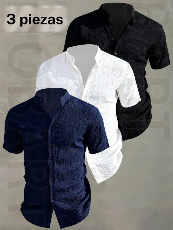 Men's Summer Short Sleeve Shirt - Lightweight Breathable Solid Color Button-Up Casual Shirt with Stand Collar, Low-cut collar designr Beach Vacation, Pool Party & Casual Attire, Beach Shirt, gift for husband