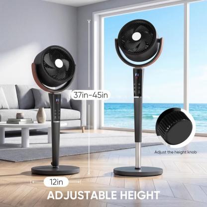 Ventilador de pedestal para dormitorio, circulador de aire silencioso (20 dB) con motor DC, 15 velocidades y 5 modos, oscilación de 120°, temporizador de 12 horas, flujo de aire de 1050 CFM, altura ajustable (37-45 pulgadas), luz LED, ventilador de pie co