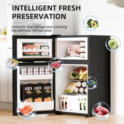 [Existencias limitadas] Mininevera de 3,2 pies cúbicos con congelador; refrigerador compacto de doble puerta con estantes ajustables y extraíbles, ideal para dormitorios, apartamentos, oficinas o sótanos.
