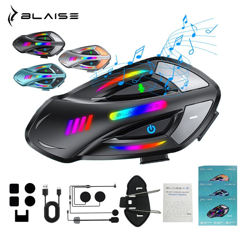 BLAISE X2 Intercomunicador para Casco con Doble Chip Bluetooth 5.4, Música y Comunicación Simultáneas, Resistencia al Agua IP56 y Luces RGB, Alcance 1000m