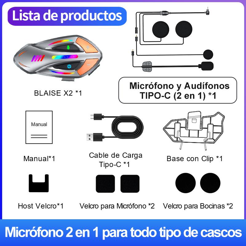 BLAISE X2 Intercomunicador para Casco con Doble Chip Bluetooth 5.4, Música y Comunicación Simultáneas, Resistencia al Agua IP56 y Luces RGB, Alcance 1000m