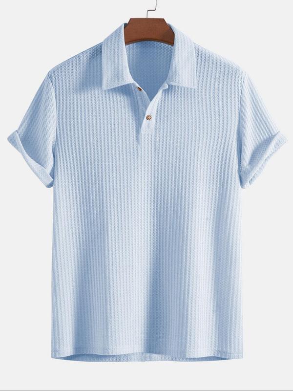 Men's Plain Jacquard Knit Polo Shirt, Regular Fit Casual Short Sleeve Button Front Top for Summer, Fashion Men's Clothes for Daily Wear
