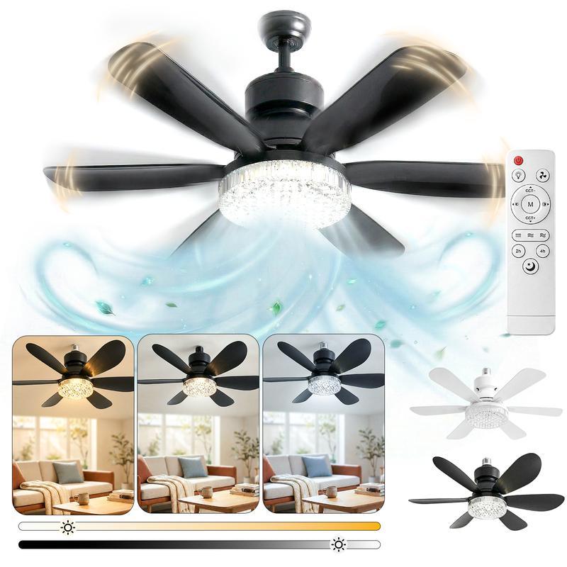 Lámpara de ventilador de 6 aspas，El diámetro es de 520 mm,Abrigo de ventilador energéticamente eficiente,Potente viento y brillo intenso, 60w Ventilador, 3 temperaturas de color, 3 velocidades de viento, rosca E27, ruido bajo, temporizador programable,Apt