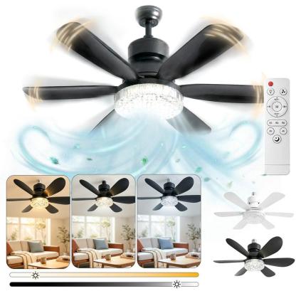 Lámpara de ventilador de 6 aspas，El diámetro es de 520 mm,Abrigo de ventilador energéticamente eficiente,Potente viento y brillo intenso, 60w Ventilador, 3 temperaturas de color, 3 velocidades de viento, rosca E27, ruido bajo, temporizador programable,Apt