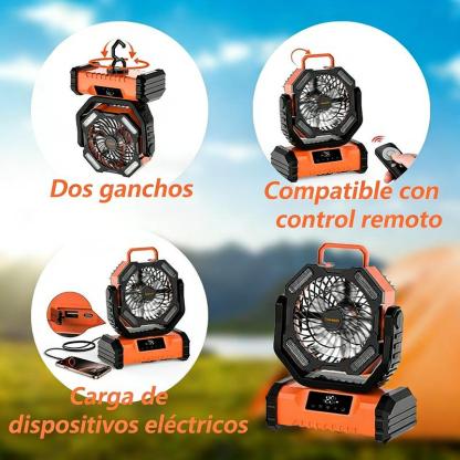 Ventilador de Camping  Recargable 20000mAh con Luz LED,5 Velocidades + Control Remoto + 270° Dirección + Pantalla Táctil