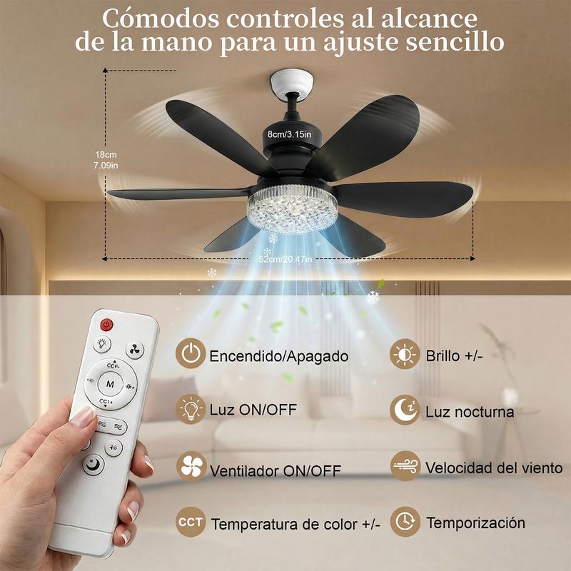 Lámpara de ventilador de 6 aspas，El diámetro es de 520 mm,Abrigo de ventilador energéticamente eficiente,Potente viento y brillo intenso, 60w Ventilador, 3 temperaturas de color, 3 velocidades de viento, rosca E27, ruido bajo, temporizador programable,Apt