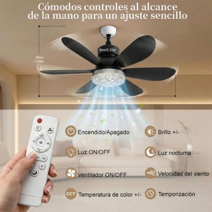 Lámpara de ventilador de 6 aspas，El diámetro es de 520 mm,Abrigo de ventilador energéticamente eficiente,Potente viento y brillo intenso, 60w Ventilador, 3 temperaturas de color, 3 velocidades de viento, rosca E27, ruido bajo, temporizador programable,Apt