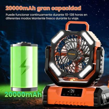 Ventilador de Camping  Recargable 20000mAh con Luz LED,5 Velocidades + Control Remoto + 270° Dirección + Pantalla Táctil