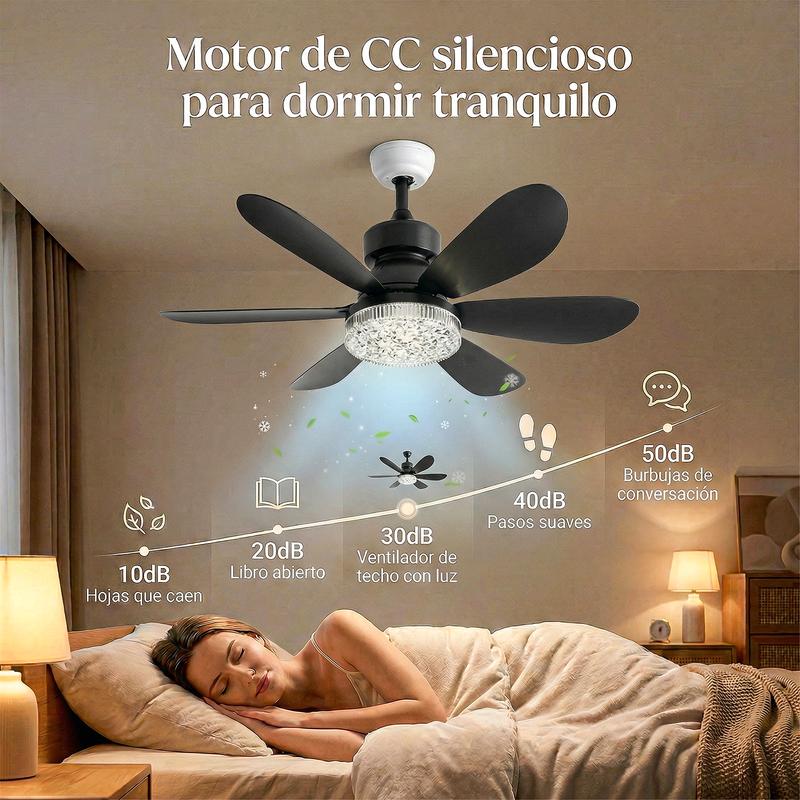 Lámpara de ventilador de 6 aspas，El diámetro es de 520 mm,Abrigo de ventilador energéticamente eficiente,Potente viento y brillo intenso, 60w Ventilador, 3 temperaturas de color, 3 velocidades de viento, rosca E27, ruido bajo, temporizador programable,Apt