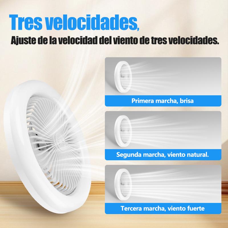 Lámpara de ventilador de 6 aspas，El diámetro es de 520 mm,Abrigo de ventilador energéticamente eficiente,Potente viento y brillo intenso, 60w Ventilador, 3 temperaturas de color, 3 velocidades de viento, rosca E27, ruido bajo, temporizador programable,Apt