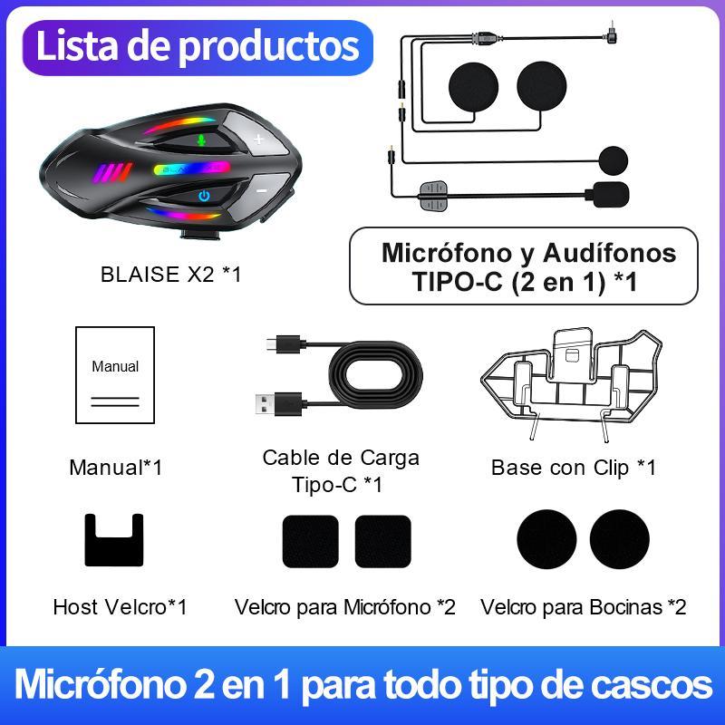 BLAISE X2 Intercomunicador para Casco con Doble Chip Bluetooth 5.4, Música y Comunicación Simultáneas, Resistencia al Agua IP56 y Luces RGB, Alcance 1000m