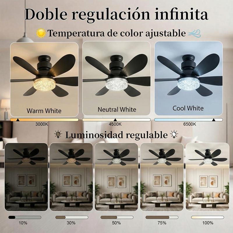 Lámpara de ventilador de 6 aspas，El diámetro es de 520 mm,Abrigo de ventilador energéticamente eficiente,Potente viento y brillo intenso, 60w Ventilador, 3 temperaturas de color, 3 velocidades de viento, rosca E27, ruido bajo, temporizador programable,Apt