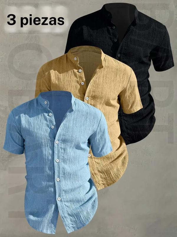 Men's Summer Short Sleeve Shirt - Lightweight Breathable Solid Color Button-Up Casual Shirt with Stand Collar, Low-cut collar designr Beach Vacation, Pool Party & Casual Attire, Beach Shirt, gift for husband