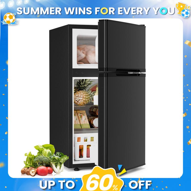 [Existencias limitadas] Mininevera de 3,2 pies cúbicos con congelador; refrigerador compacto de doble puerta con estantes ajustables y extraíbles, ideal para dormitorios, apartamentos, oficinas o sótanos.