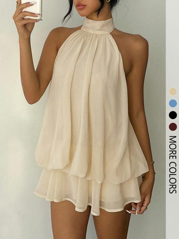 Mono enterizo para mujer, sencillo, liso y con espalda descubierta (estilo halter); diseño elegante con volantes, perfecto para uso casual y moda para todas las estaciones.