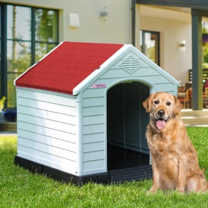 Q PERRON Casa para Perro Chico, Mediano, Grande y Extragrande | Materiales de Alta Calidad - Plástico para Exterior - Resistente al Agua | Térmica con Ventilación | Piso Elevado. (Rojo, Grande)