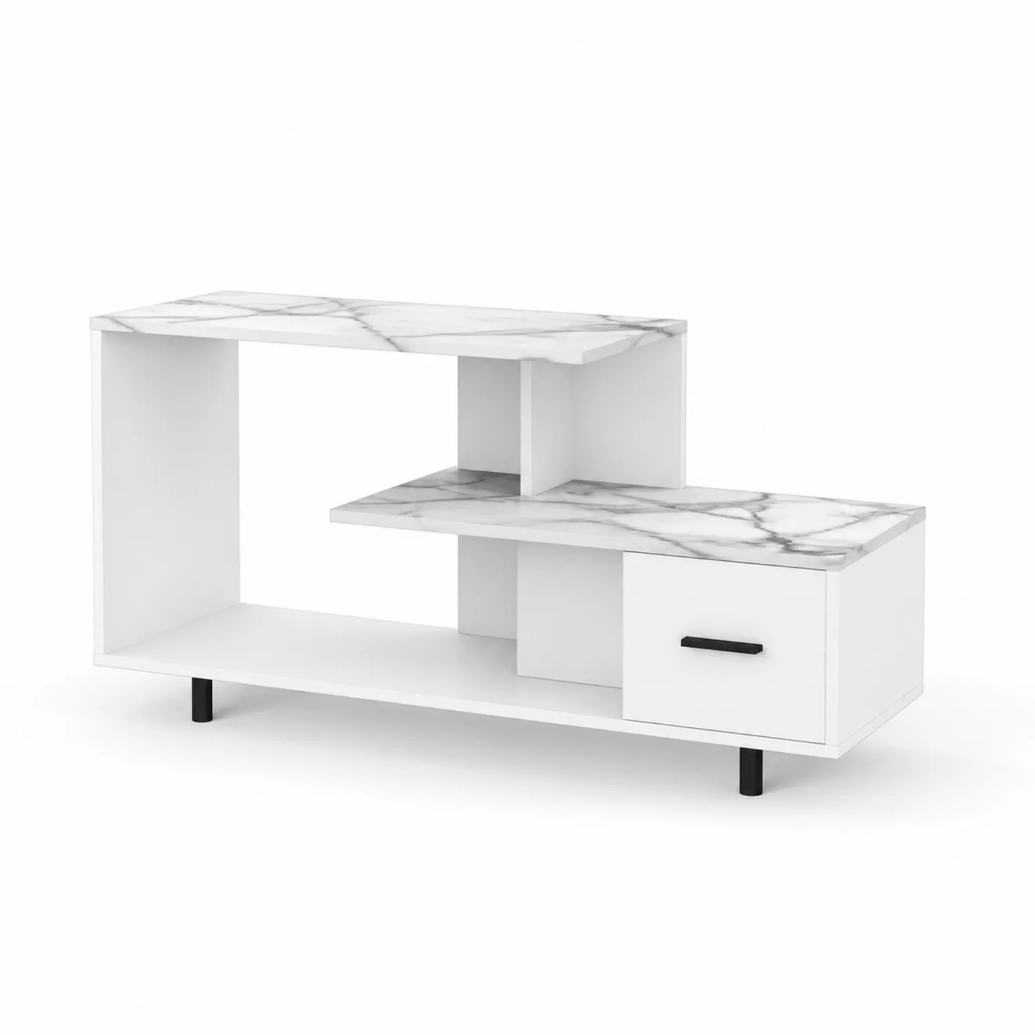 TV-Schrank MDF Weiß mit Marmormuster, 2 Ebenen, 1 Schublade, 120 x 40 x 50 cm-Nordellonest