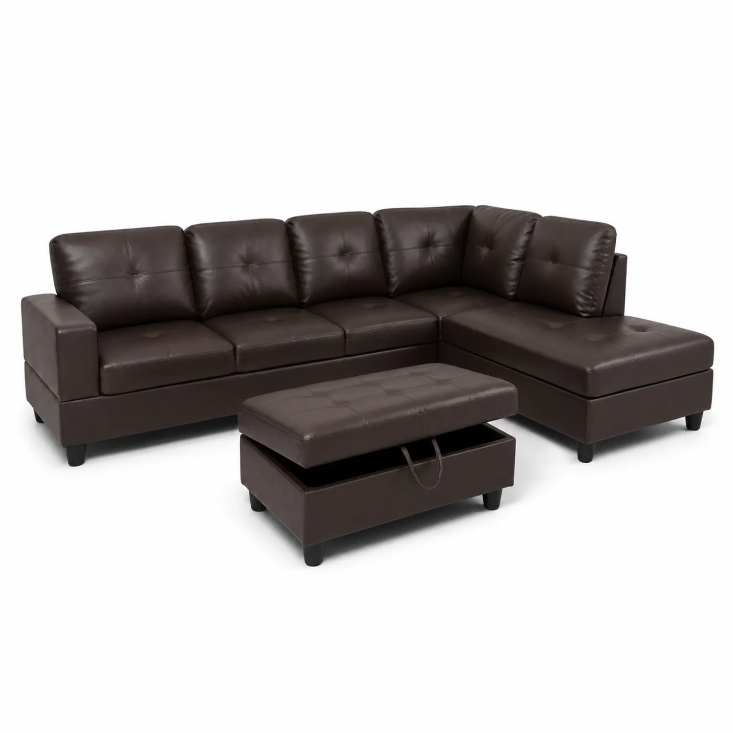 Ecksofa Set Leder Braun mit Aufbewahrungshocker 250 cm x 160 cm-Nordellonest