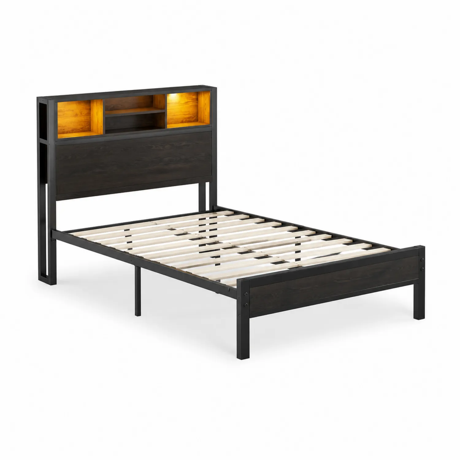 Metallbett mit Kopfteilregal und LED-Beleuchtung 200x90 cm Schwarz/Eiche-Nordellonest
