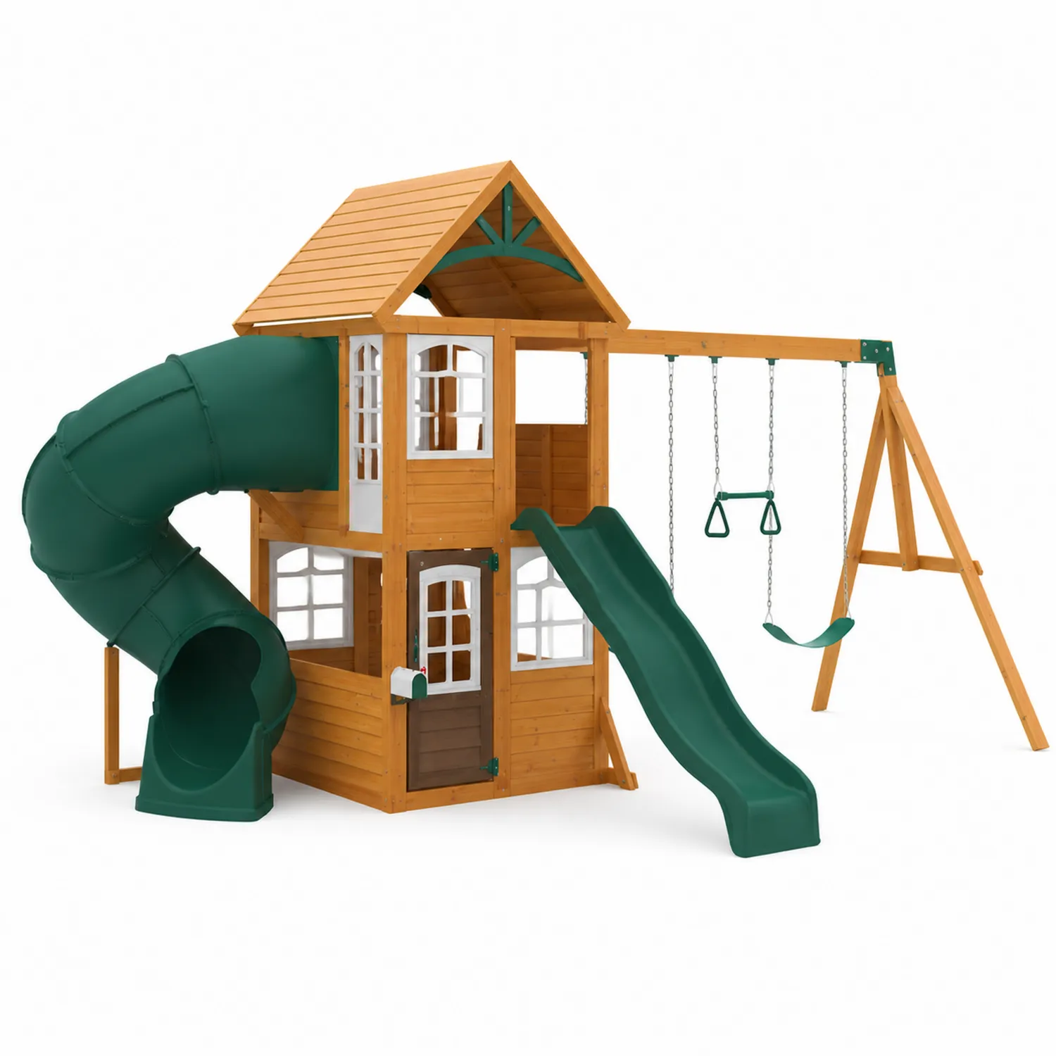 Holzspielplatz mit Rutsche und Schaukel, Grün/Natur-Nordellonest
