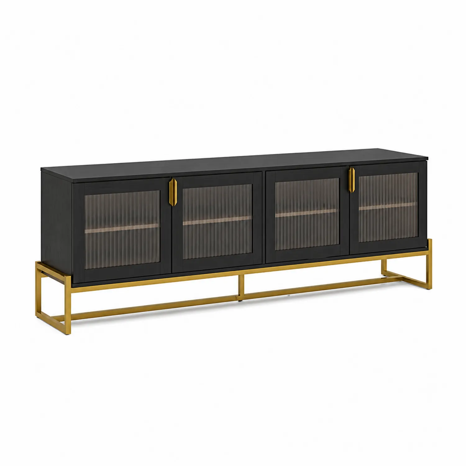 TV-Schrank mit 4 Türen Holz Glas Metall Schwarz Gold 200x45x60cm-Nordellonest