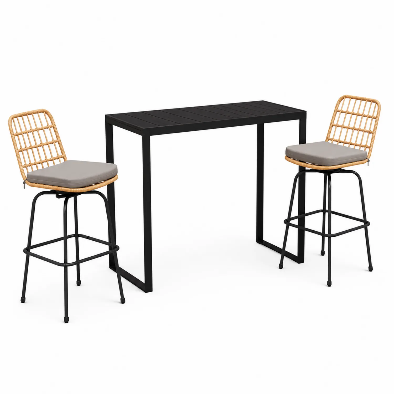 Bistro-Set mit Tisch und 2 Barhockern aus Rattan und Metall-Nordellonest