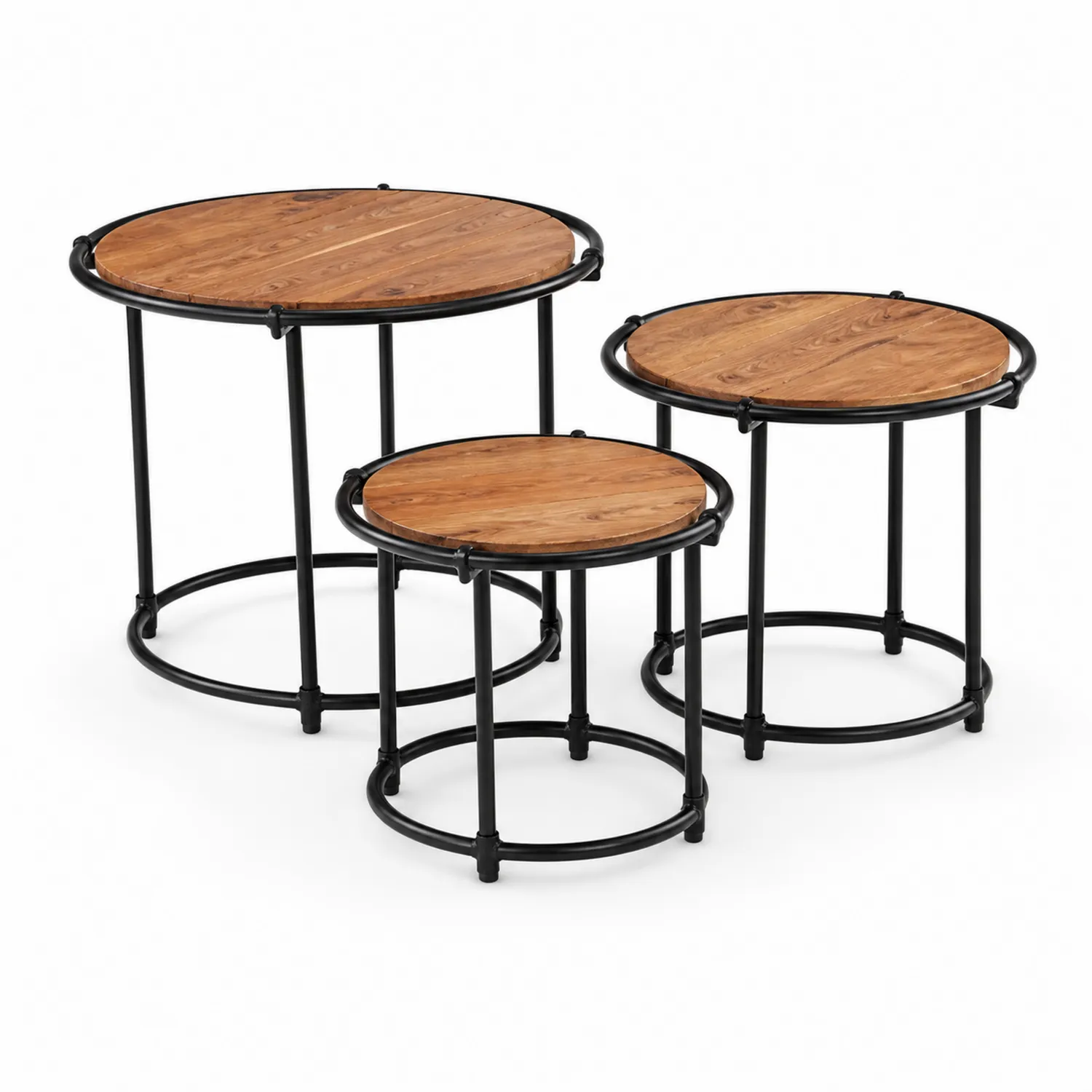 3-teiliges Set aus Teakholz und Metall, Runde Beistelltische-Nordellonest
