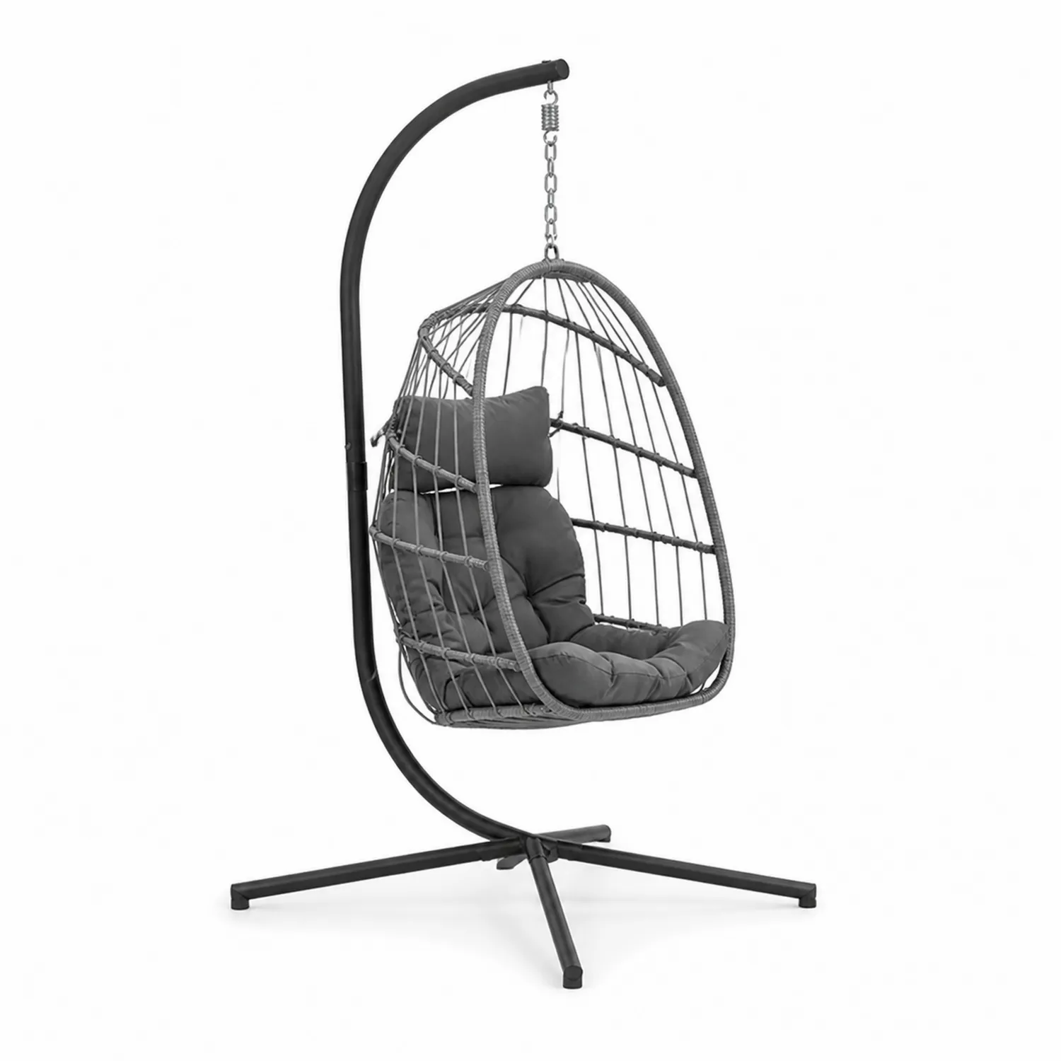 Hängesessel Ei-Form Stahlgestell Polyrattan Grau mit Polsterung-Nordellonest