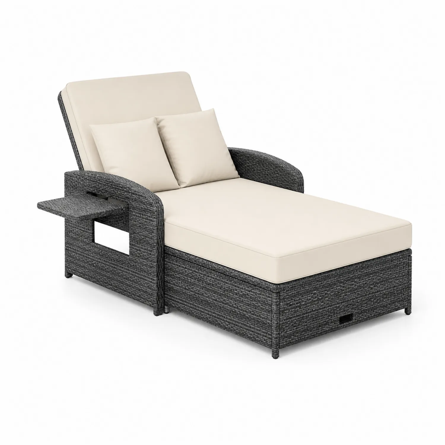 Rattanliege mit Verstellbarer Lehne und Kissen in Grau/Beige-Nordellonest