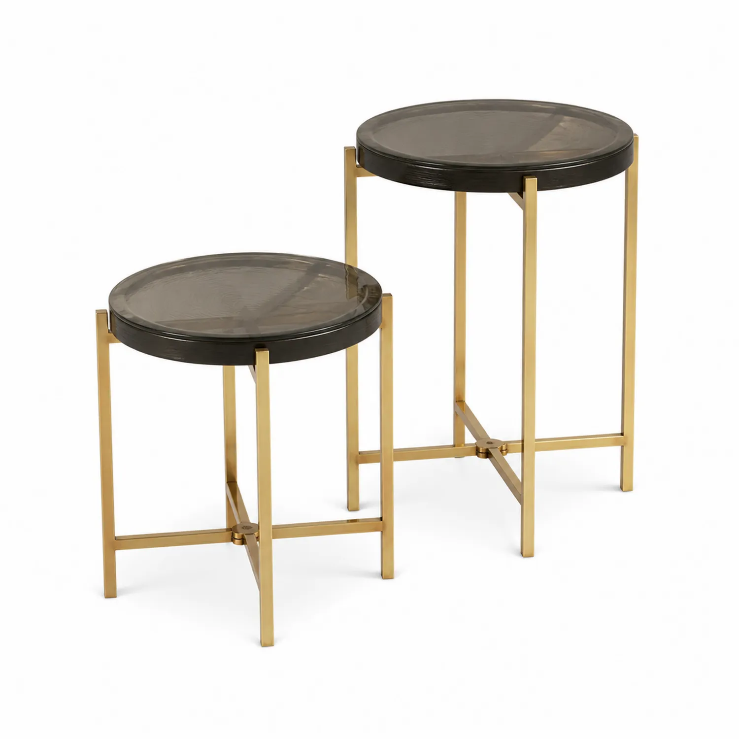 2er-Set runde Beistelltische aus Glas mit goldfarbenem Gestell-Nordellonest