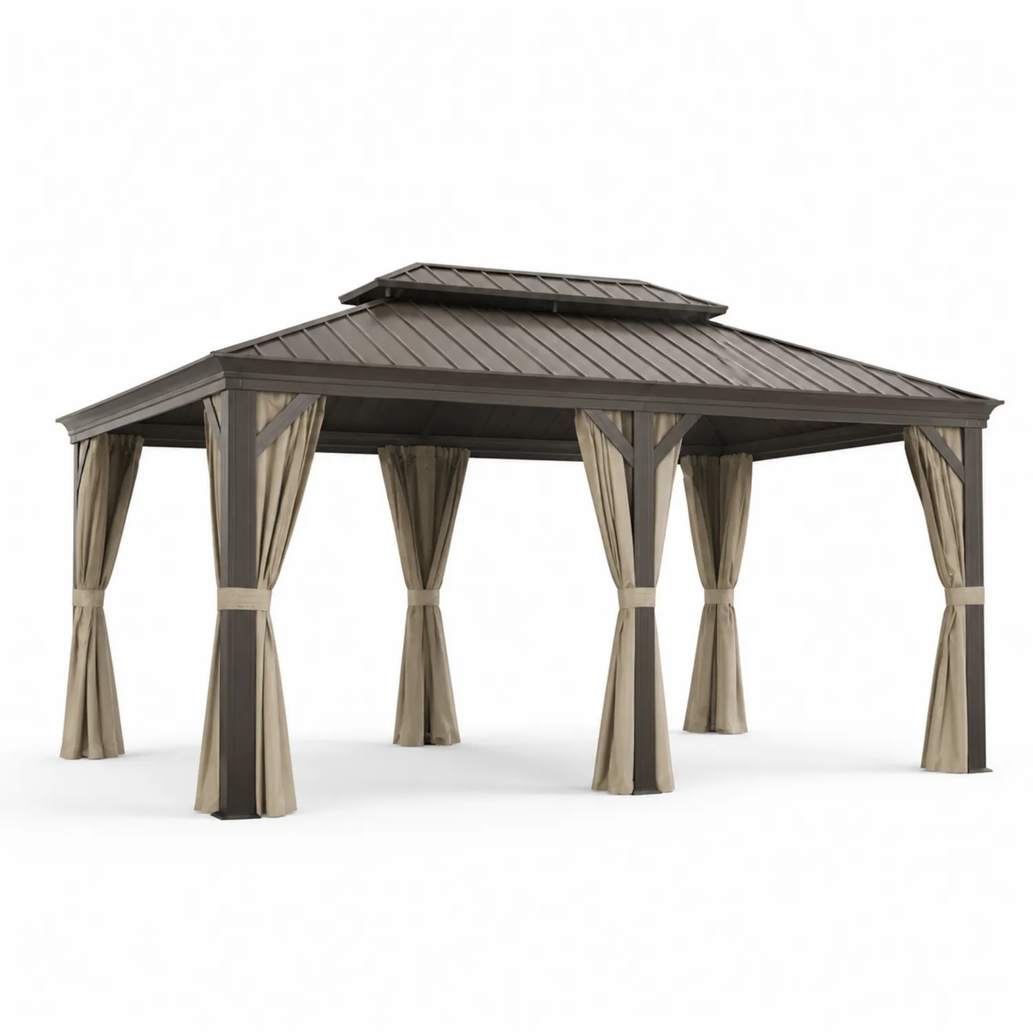 Gartenpavillon Aluminium mit Stahl Dach und Polyester Vorhänge Braun/Beige-Nordellonest