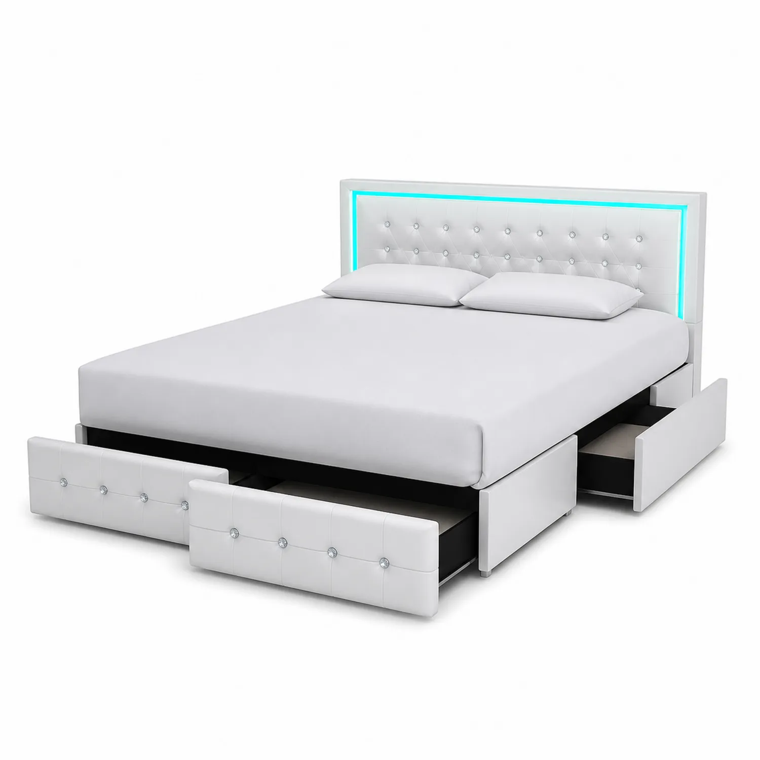 Doppelbett mit Schubladen und LED-Kopfteil Kunstleder Weiß 200x180cm-Nordellonest