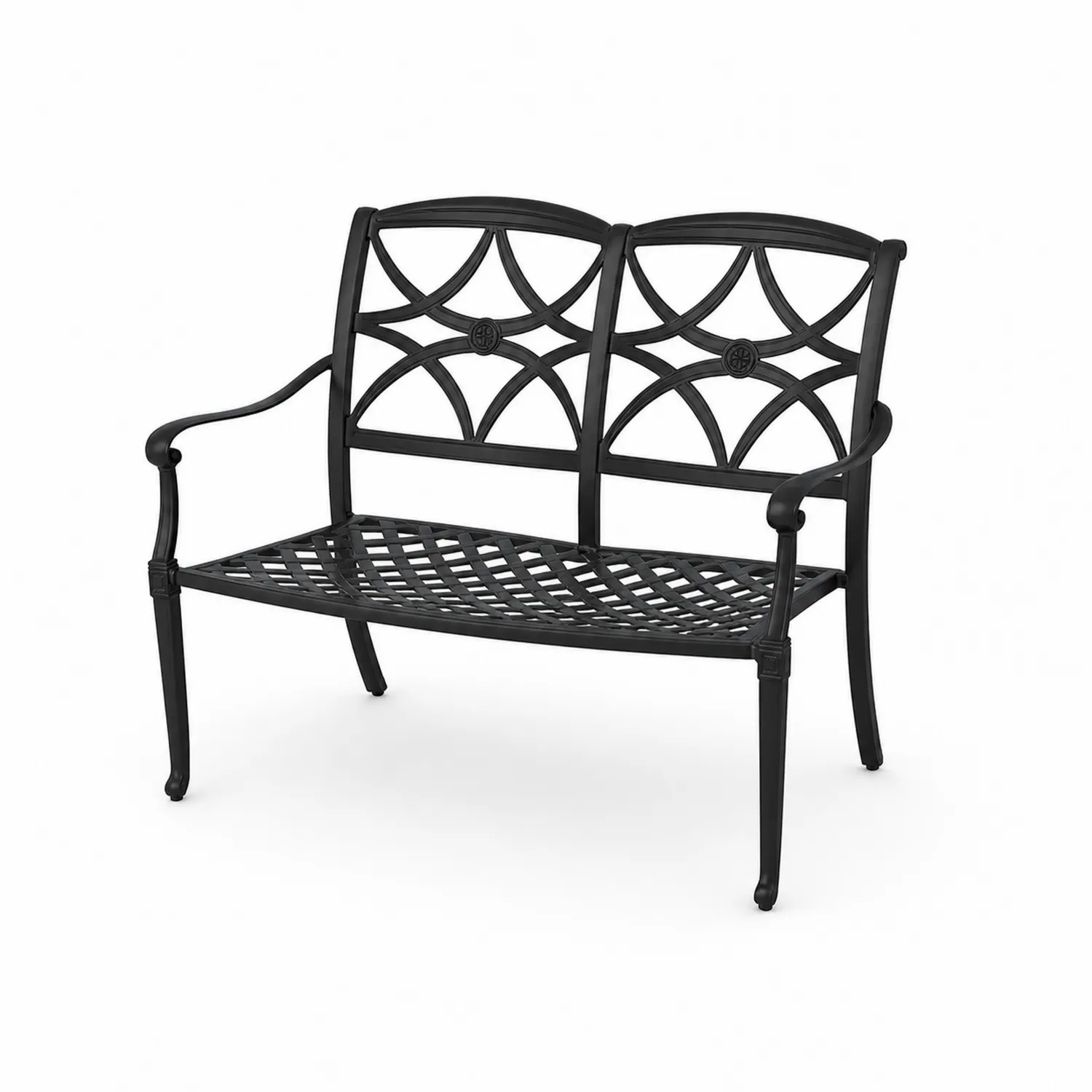 Banco de metal exterior negro con respaldo decorativo