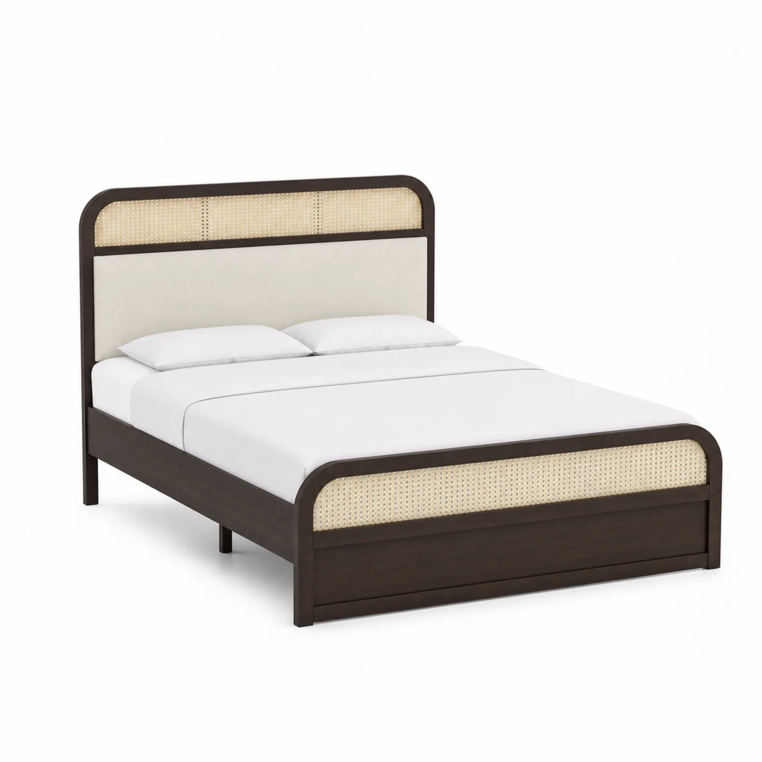 Cama de madera y mimbre con colchón y almohadas 200x160 cm Marrón/Beige