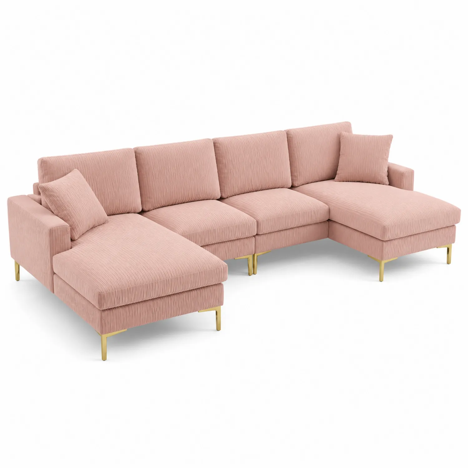 Sofá modular en L con chaise longue, tapizado de poliéster rosa y patas de metal dorado