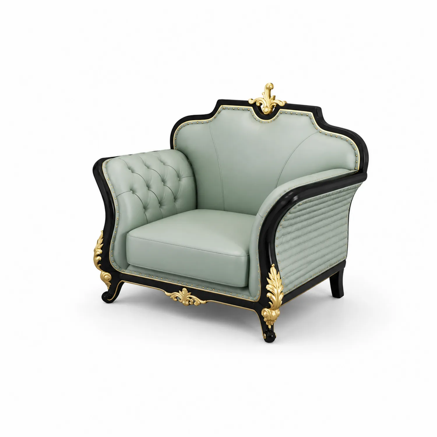 Sillón de cuero PU verde menta con detalles dorados, 80x90x85 cm