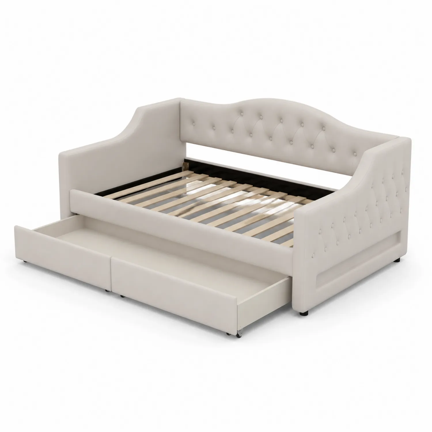 Sofá Cama de Madera Maciza y Tela de Poliéster Beige con Cajones Deslizantes