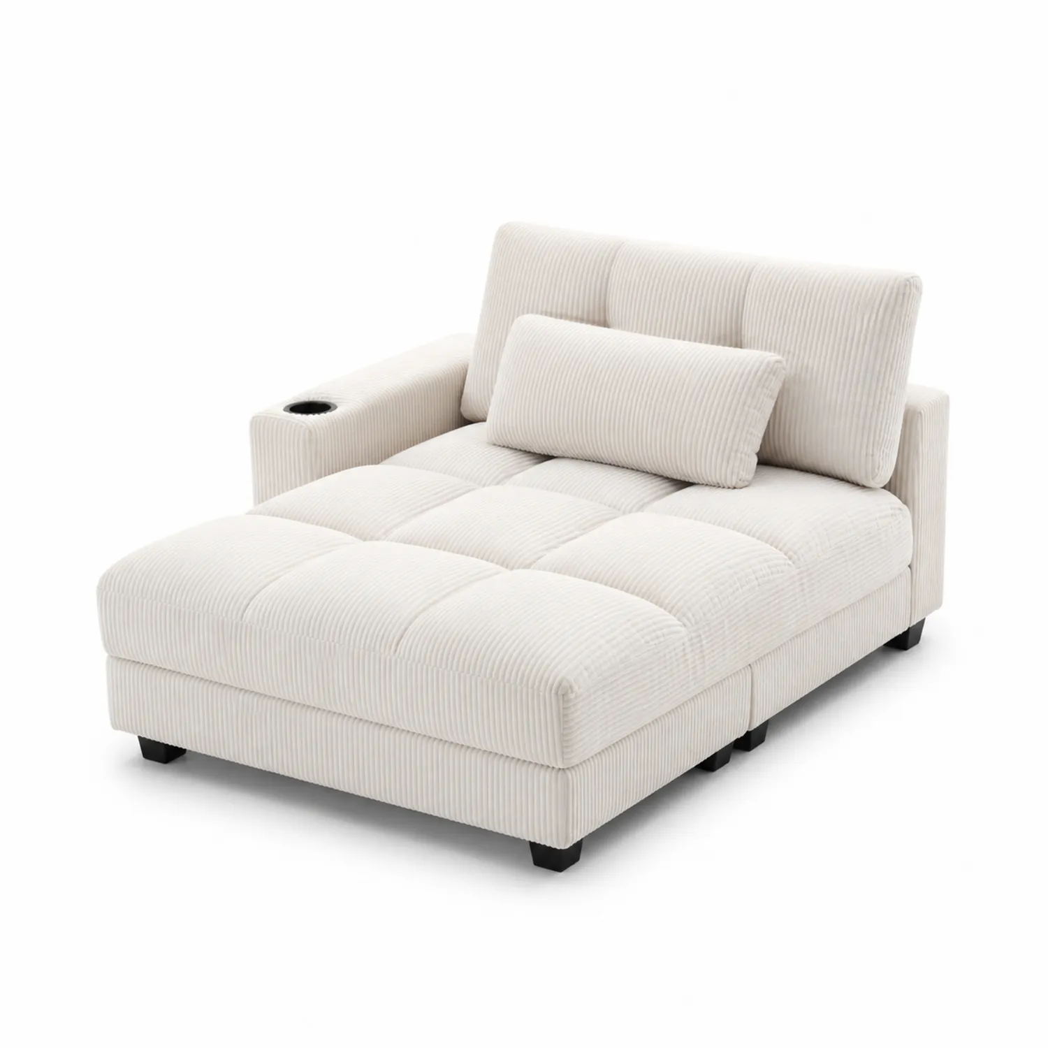 Sofá de Dos Plazas con Chaise Longue de Tela de Pana Crema