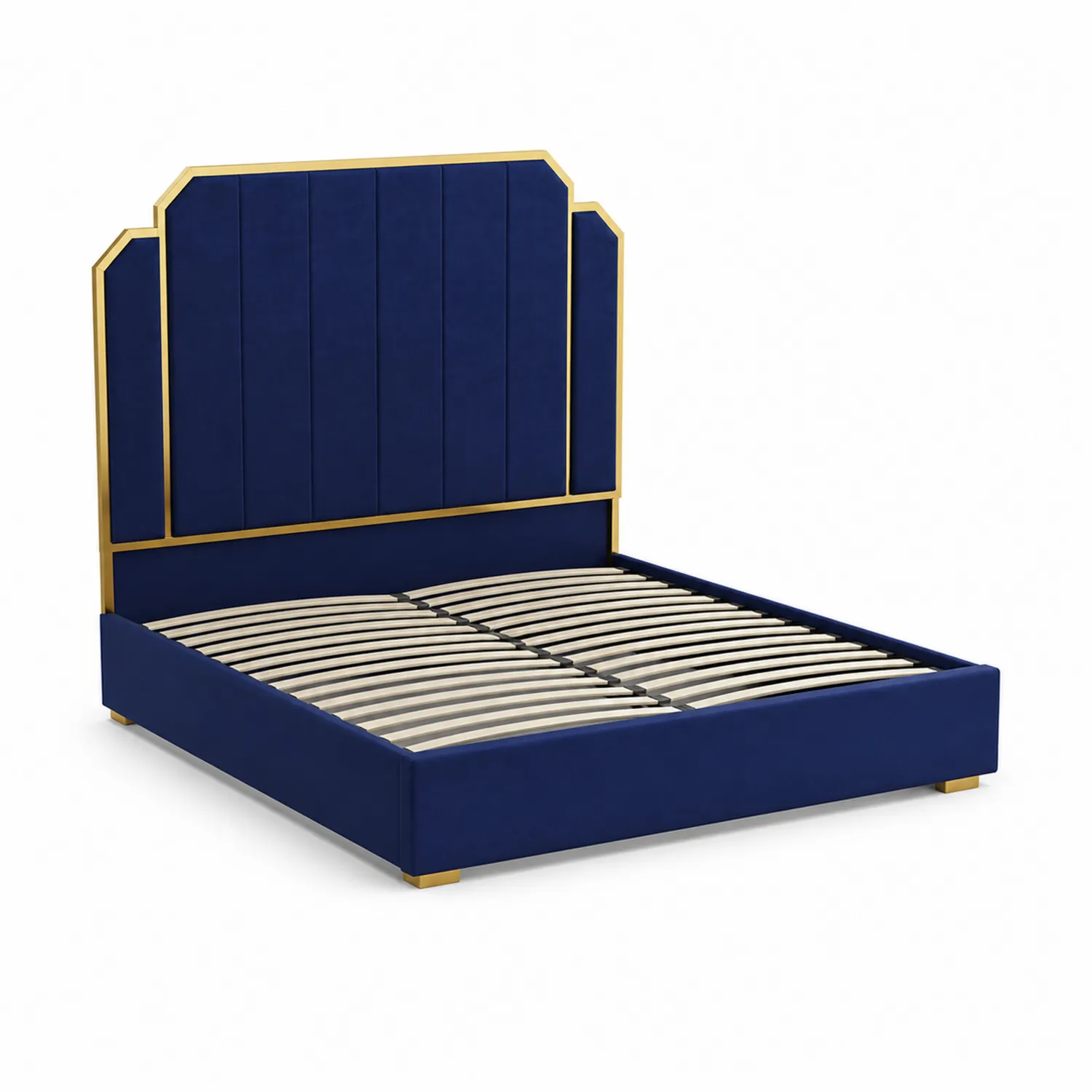 Cama de Terciopelo Azul con Detalles en Metal Dorado 200x150 cm