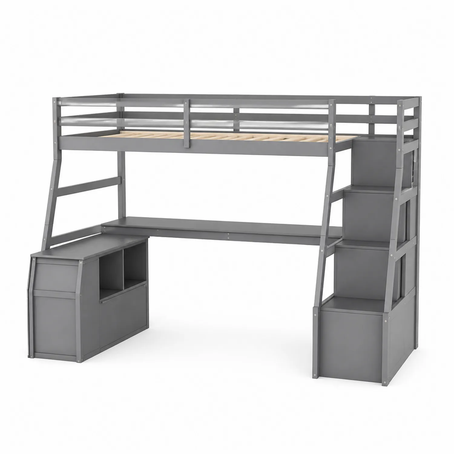 Cama alta de metal gris con escritorio y almacenamiento