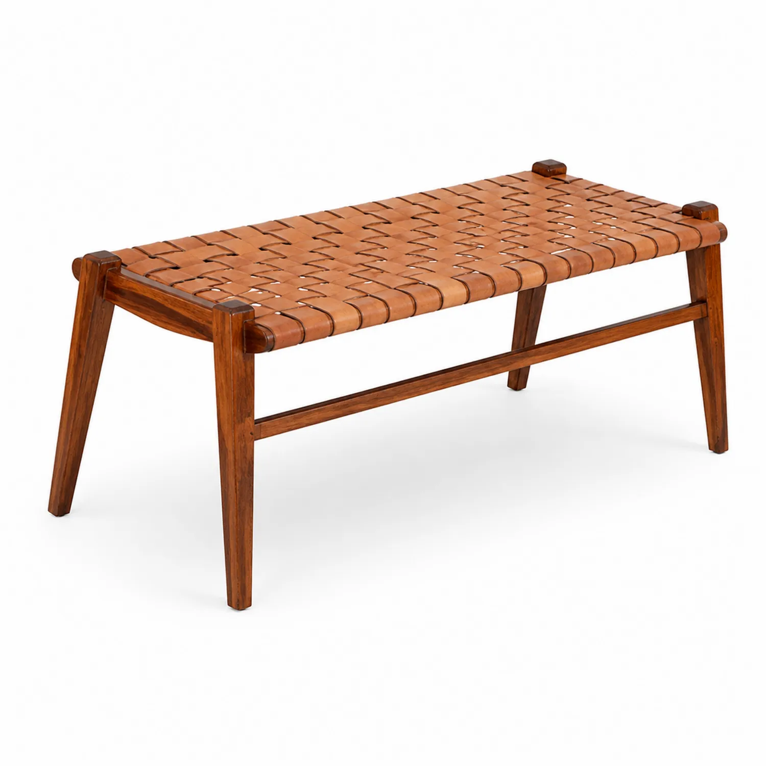 Banco de madera con asiento de cuero trenzado 120x40x45 cm Marrón