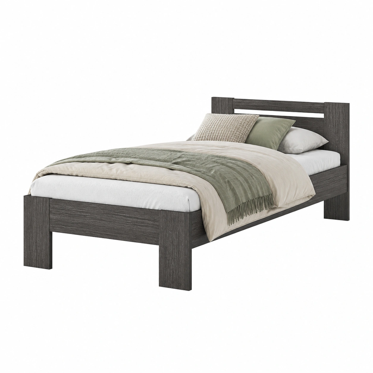 Futonbett 90x200 cm Holzoptik Modernes Einzelbett Gestell mit Kopfteil Rechteckige Form Schlafzimmerbett Stabil-sweetvora