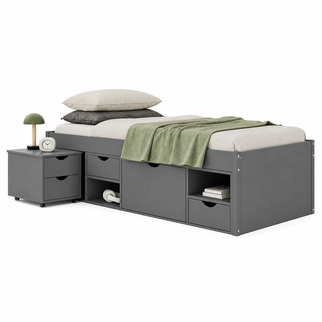 Funktionales Bett mit Stauraum und Schubladen 90x200 cm Grau-sweetvora