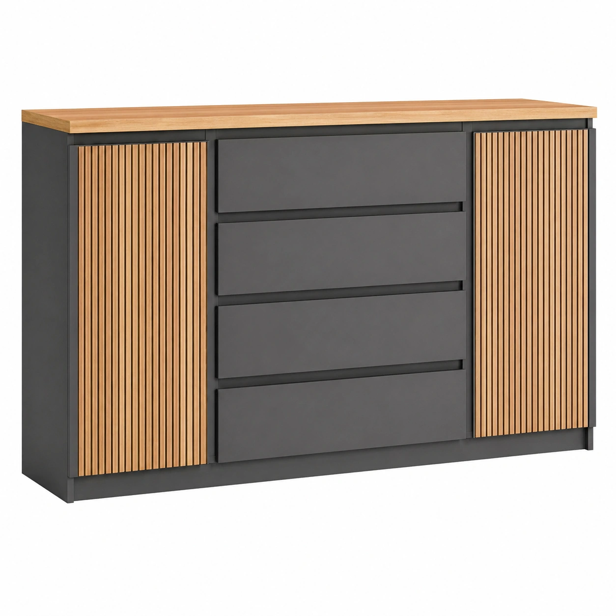 Sideboard Anthrazit Holzoptik Modern mit Lamellen Tueren und 4 Schubladen Gross Stauraum Kommode 165 cm-sweetvora