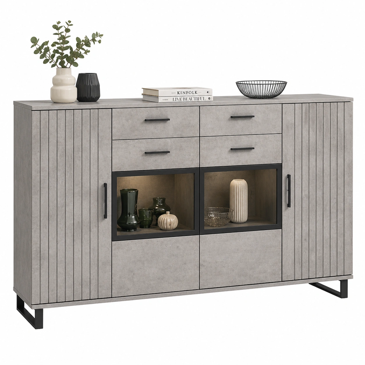 Sideboard modern Eiche Optik mit Glasfaechern und Lamellenfront 4 Tueren 4 Schubladen-sweetvora