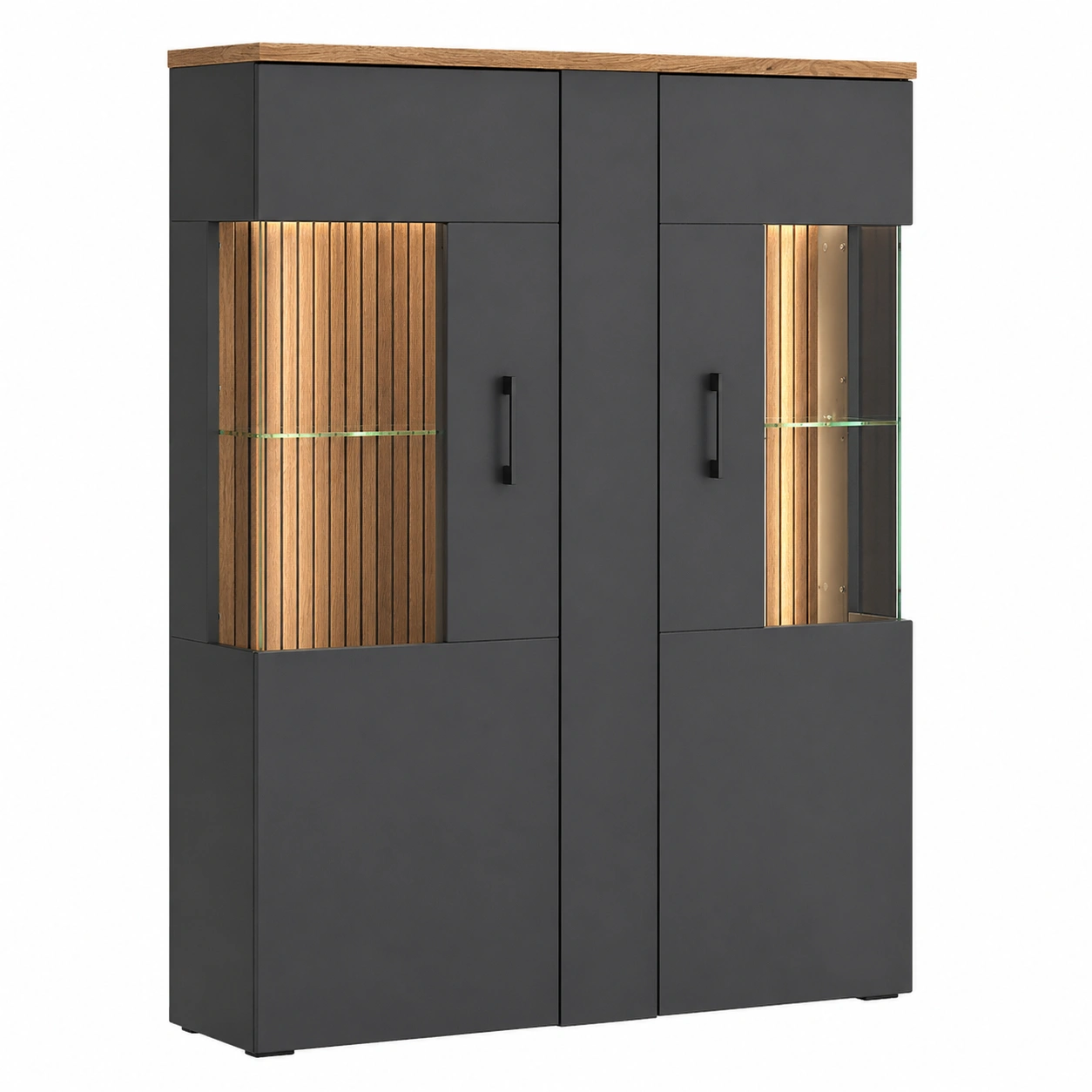 Highboard Vitrine modern cashmere eiche 99x35x138 cm mit Glas und LED Stil-sweetvora
