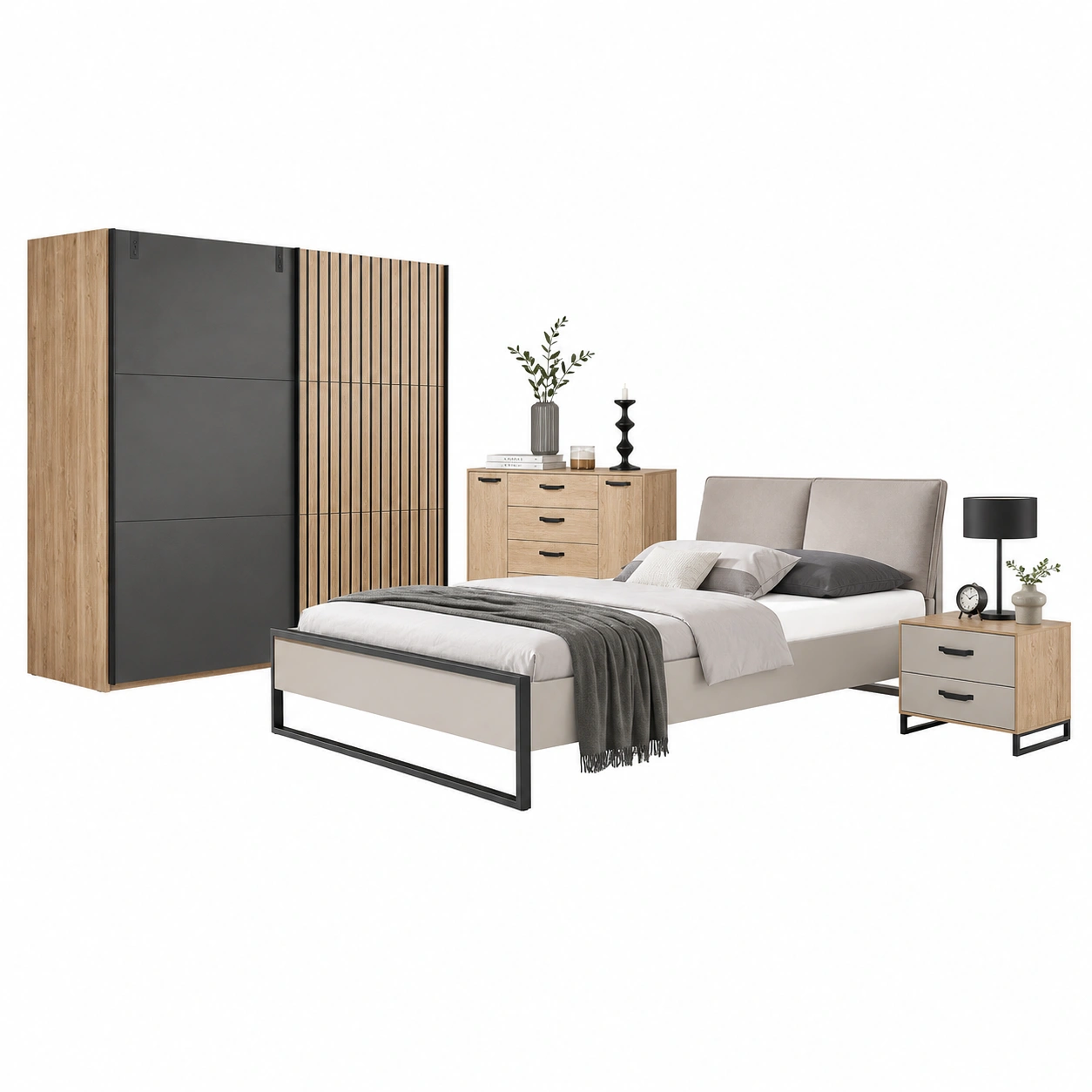 Futonbett Industrial Stil Holzoptik Schwarz Metallrahmen 180x200 cm Doppelbett-cozyixo