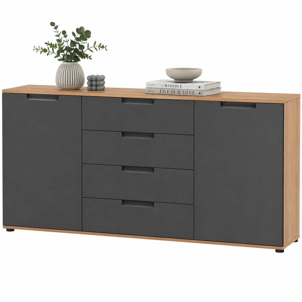 Moderne Sideboard Kommode Anthrazit Holzoptik 6 Schubladen 2 Tueren Gross-cozyixo
